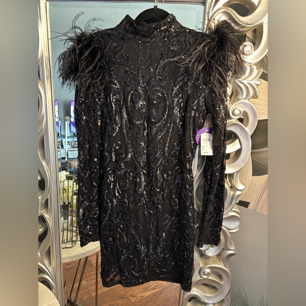 Elegant Black Sequin Dress with Feather Details